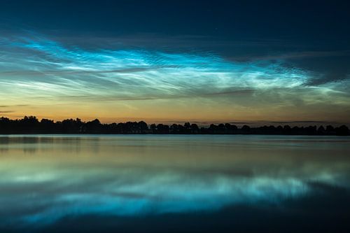 luminous night clouds; noctilucent clouds, water, reflection