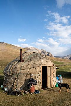 Yurt met hond bij Chatyr Kul van Mickéle Godderis