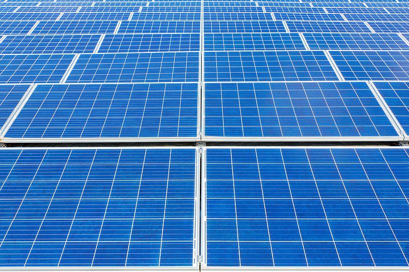 Symmetrical field of rows of blue solar panels by Ben Schonewille