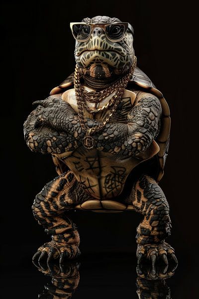 Tattoo turtle with gold chain and glasses by Digitale Schilderijen