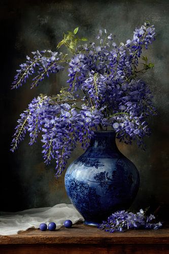 Donker Stilleven Blauwe Regen in Delftse Vaas