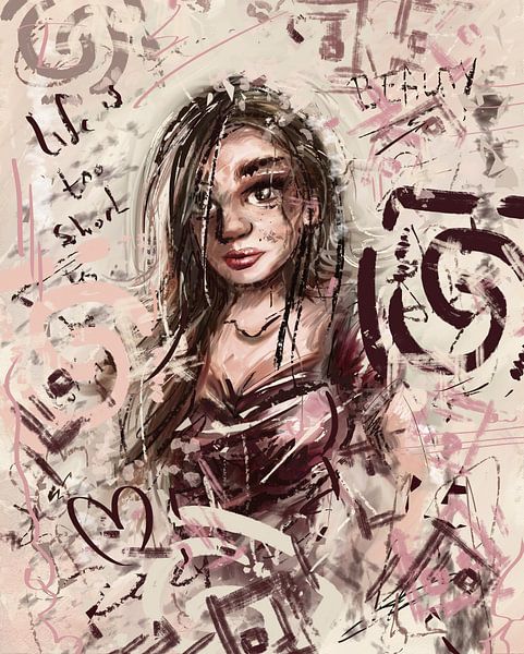 Peinture à l'huile fille aux cheveux longs - œuvre d'art dans les tons de terre par Emiel de Lange