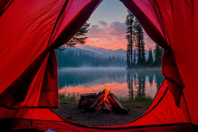 View of the lake and fire from the tent by Poster Art Shop