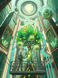 Solarpunk-Ökostadt, Bioarchitektur, futuristischer Baum des Lebens – grafische Illustration von The Deeper Way