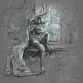 Artwork in cement look with light blue accents by Emiel de Lange