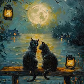 Twee zwarte katten in het stille maanlicht van Erika Kaisersot