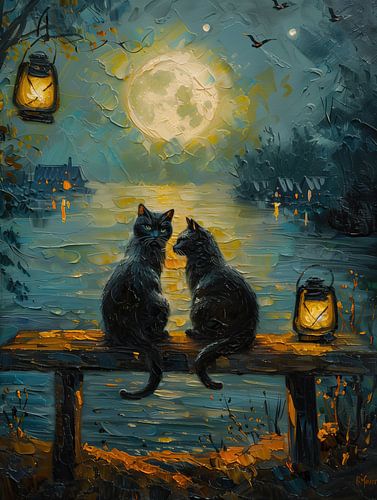 Twee zwarte katten in het stille maanlicht