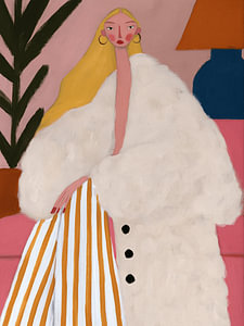 Modeillustration einer blonden Frau in einem großen Mantel und einer gestreiften Hose