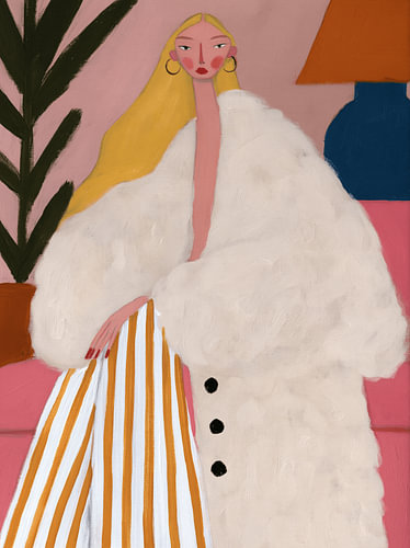 Fashion illustration of a blonde woman wearing a large coat and striped trousers by Carla Van Iersel