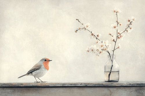Roodborstje met bloesem, stilleven