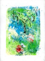 olive trees with rose bush print