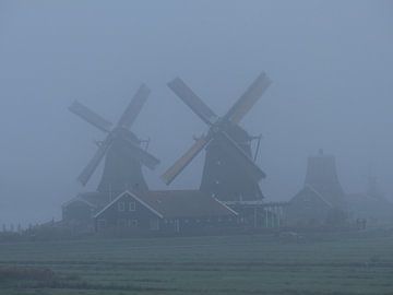 Mills in the mist at the Zaanse schans by Bettie Steutel