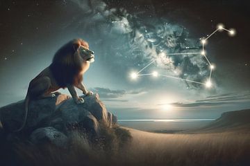 Signe du zodiaque Lion - Majesté sous les étoiles et le crépuscule sur artefacti