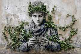 Junge mit Efeu - Verträumtes Straßenkunstporträt von BowiScapes – Kunst und urbane Wandgestaltung