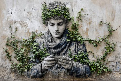 Jongen met klimop - Dromerig street art portret