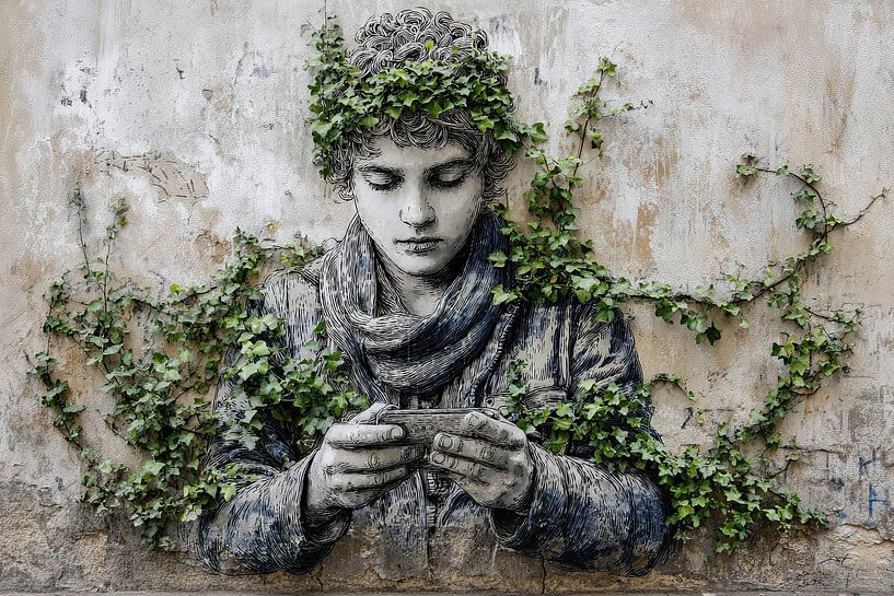 Junge mit Efeu - Verträumtes Straßenkunstporträt von BowiScapes Abstrakt und digitale Kunst