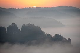 Sunrise and fog in the Elbe Sandstone Mountains by t.ART