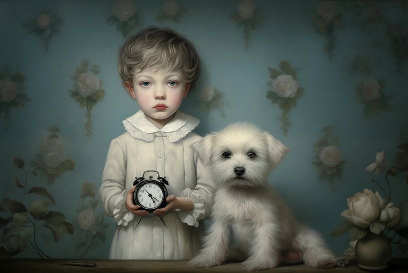 Boy with alarm clock and dog by Heike Hultsch
