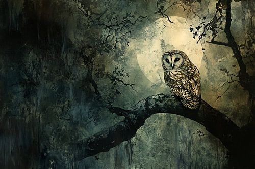 Chouette au clair de lune sur une branche