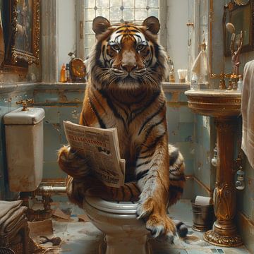 Tiger Reads Newspaper On Toilet In Funny Bathroom by Felix Brönnimann
