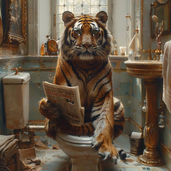 Tijger leest krant op toilet in grappige badkamer van Poster Art Shop