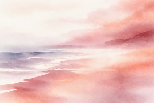 Dromerig zeezicht met nevel (AI) (strand, kust, mist, abstract, rust, vrijheid, sereen, aquarel, schilderij)