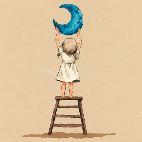 A girl hanging up the moon.