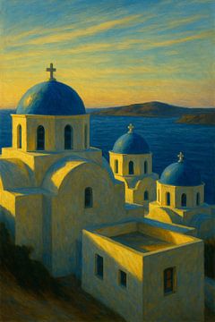 Santorini Sereniteit in zonlicht - Blauwe koepels bij zonsondergang