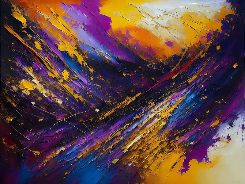 Een abstract schilderij met gouden en purperen tinten van Retrotimes