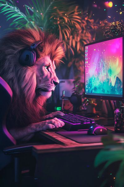 Lion in front of the gaming PC by Poster Art Shop