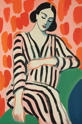 Vrouw in nieuwe op Matisse geïnspireerde gestreepte pyjama