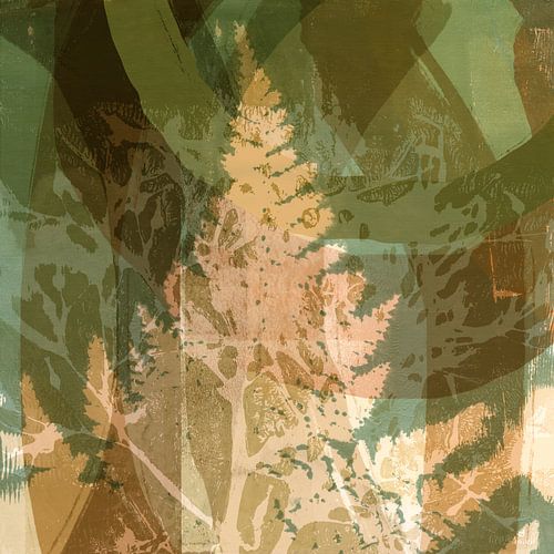 Abstracte retro botanische kunst in groen, bruin, beige. Varen.