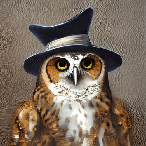 Uil met hoed schilderij