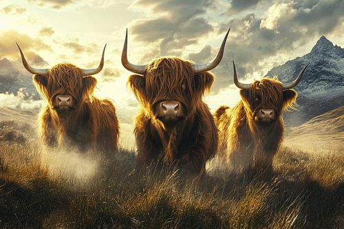 Drie imposante Schotse hooglanders