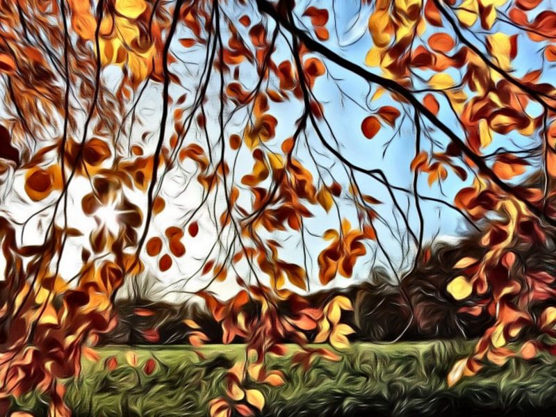 Digital painting, Autumn leaves on a branch by Joke te Grotenhuis