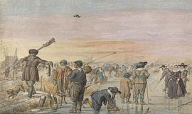 IJsgezicht met jager die een otter toont, Hendrick Avercamp, 1595 - 1634
