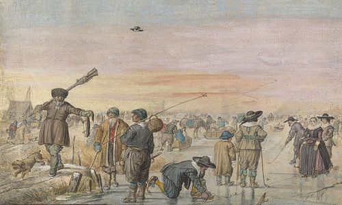 Face de glace avec un chasseur montrant une loutre, camp d'Avercamp de Hendrick, 1595 - 1634