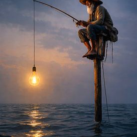Pêcheur avec lumière sur la mer au crépuscule sur But First Framing