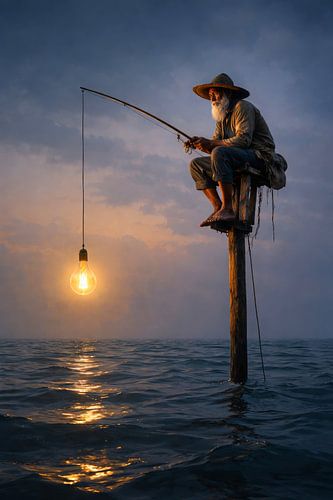 Pêcheur avec lumière sur la mer au crépuscule