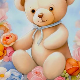 Teddybär zwischen Blumen von Ivonne Fuhren-van de Kerkhof