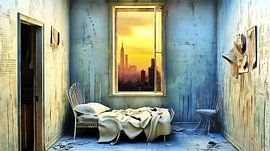 Bouwvallige kamer met uitzicht op de skyline van New York van Frank Heinz