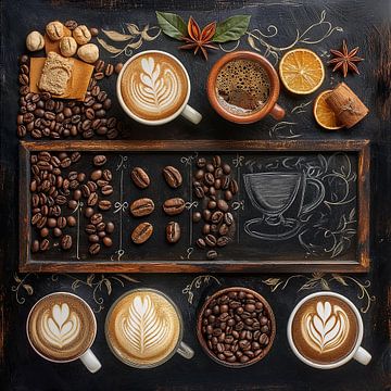 poster with coffee beans and barista art by Margriet Hulsker