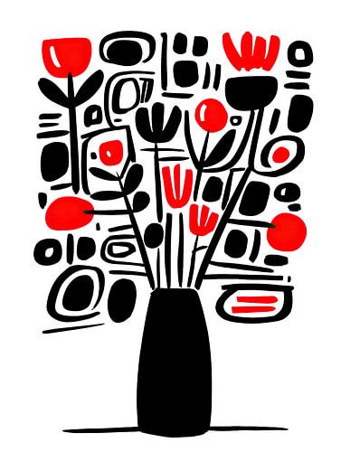 Fleurs noires et rouges dans un vase noir I