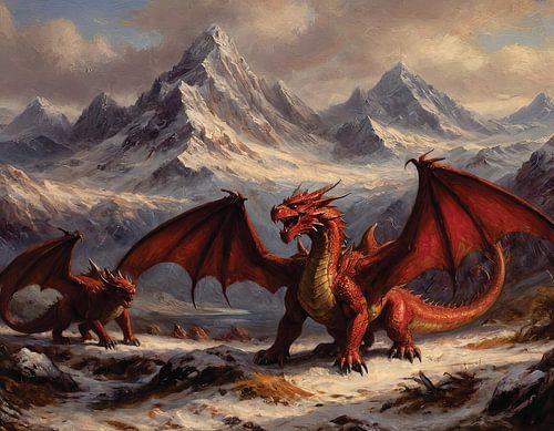 Rote Drachen in einer zerklüfteten Berglandschaft