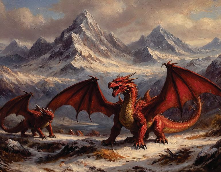 Rote Drachen in einer zerklüfteten Berglandschaft von Timba Art
