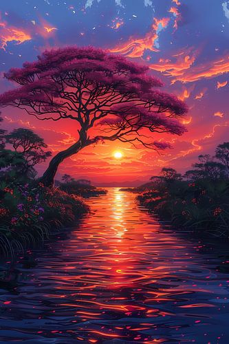 Avondzon kleurt bloesemboom