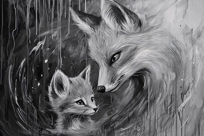 Black-and-white mother fox art by Imperial Art House