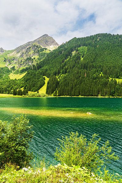 Uitzicht over de Vilsalpsee naar de Alpen in Oostenrijk van Rico Ködder