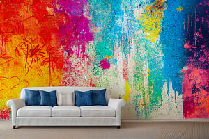 Bunte Hauswand mit einem Sofa