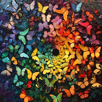 Spiraal van vlinders in regenboog kleuren van Jan Bechtum